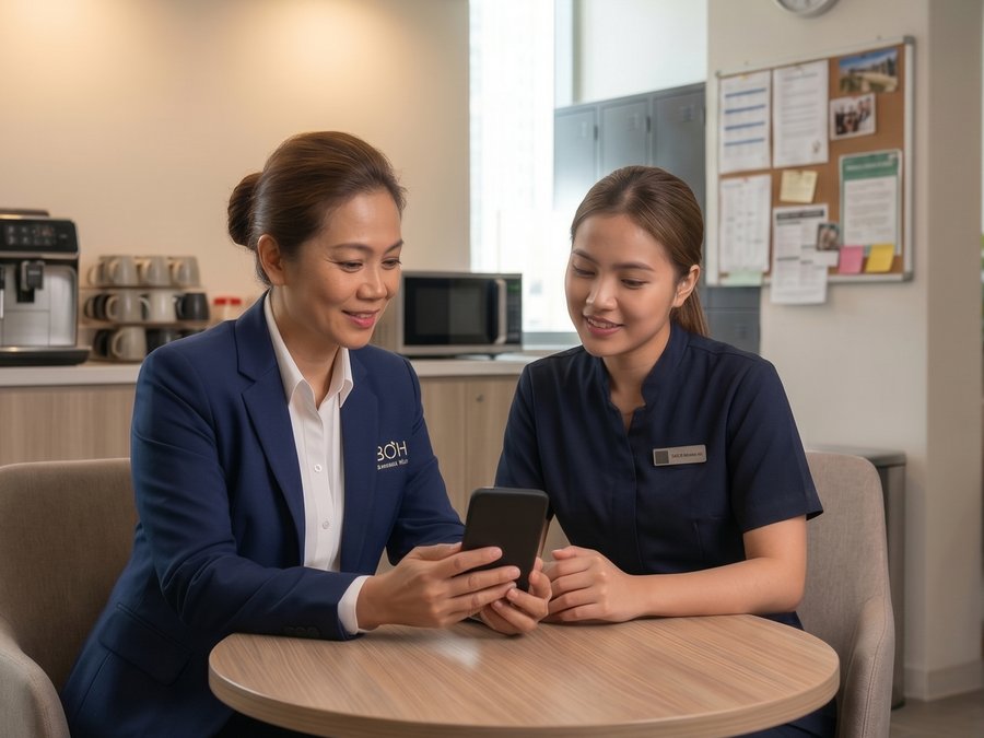 A front-desk team member practising on Atiom on a mobile device