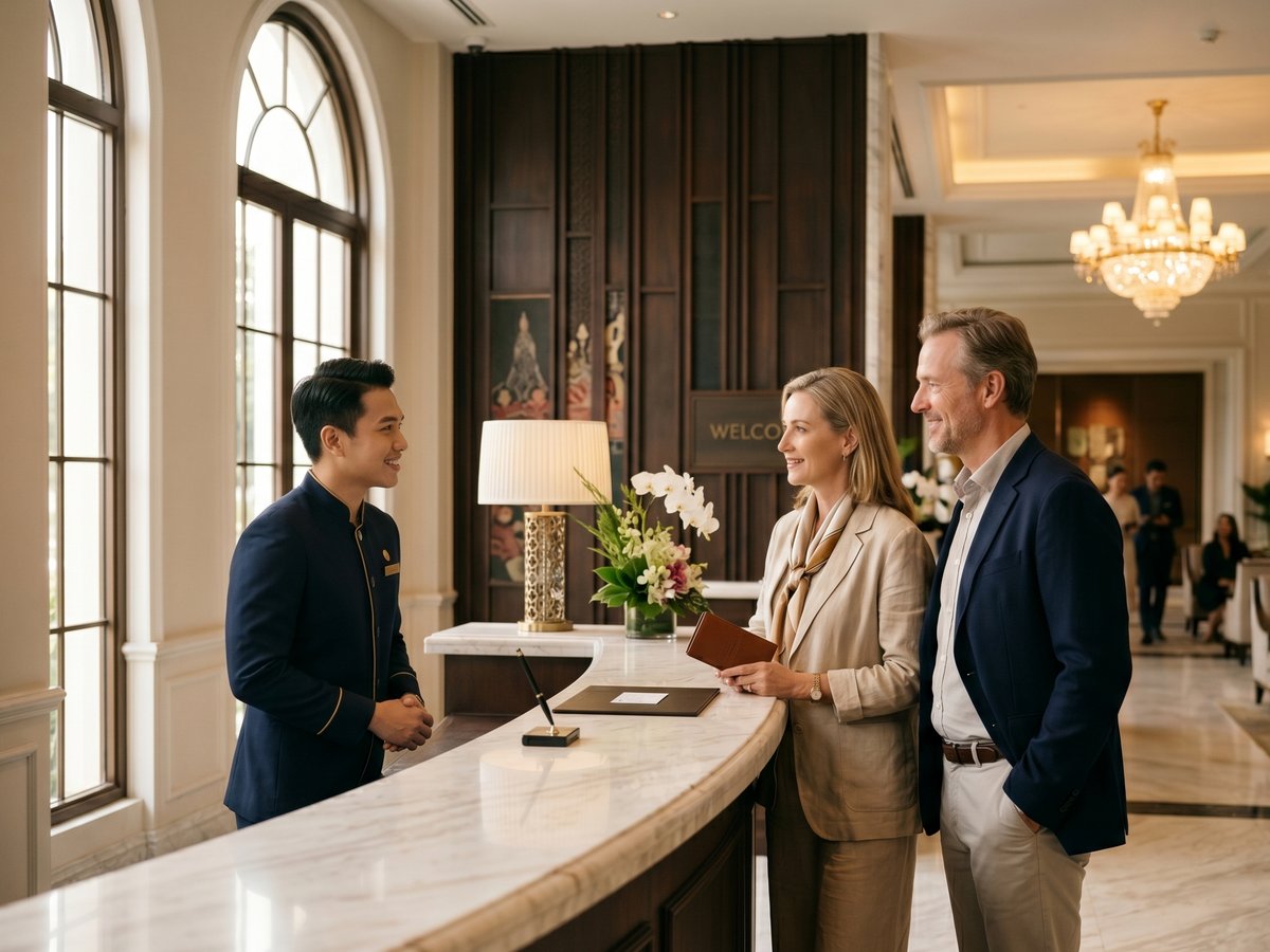 A hotel front-desk team welcoming guests in a lobby