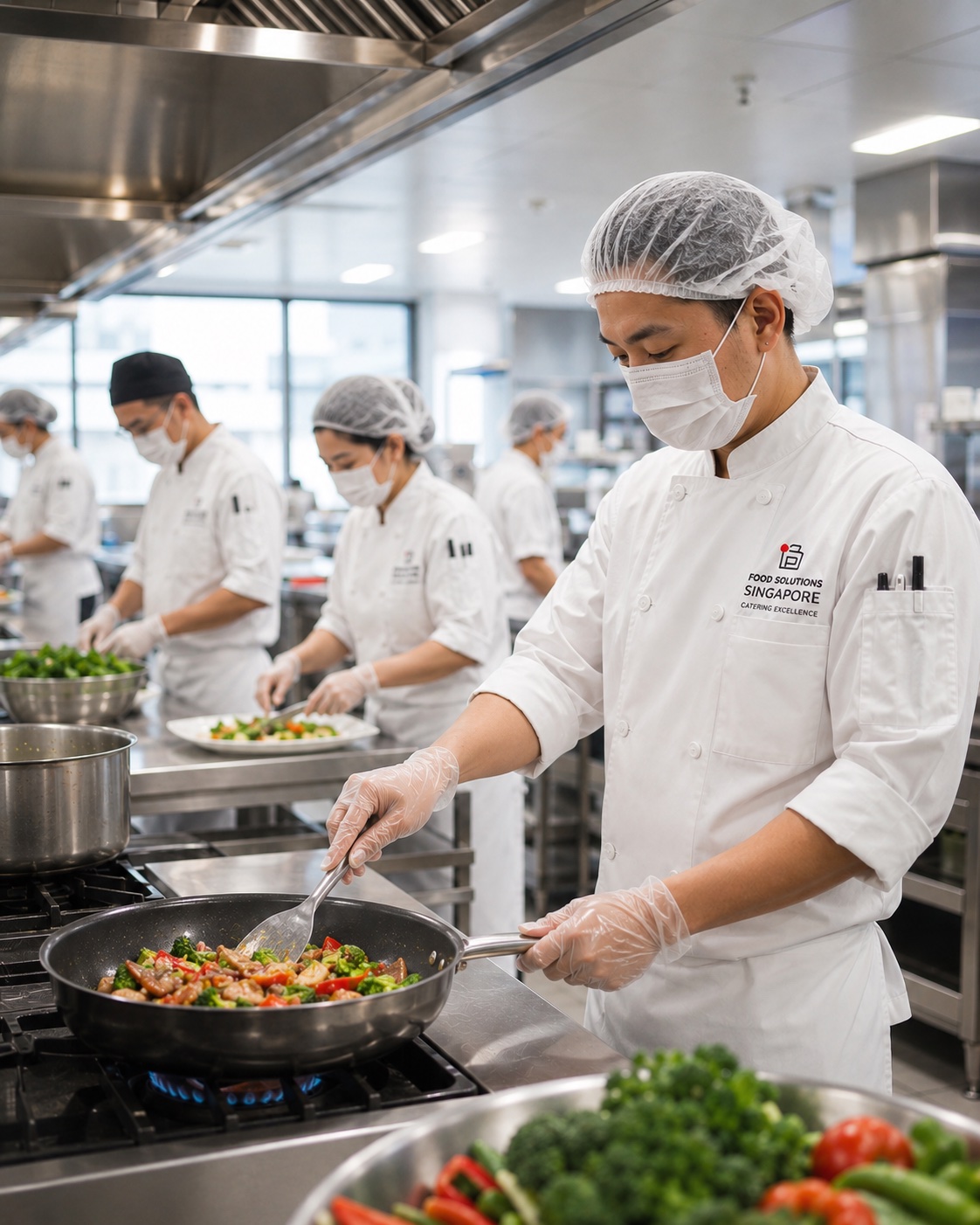 A Compass Group catering team preparing to a safety standard in a commercial kitchen