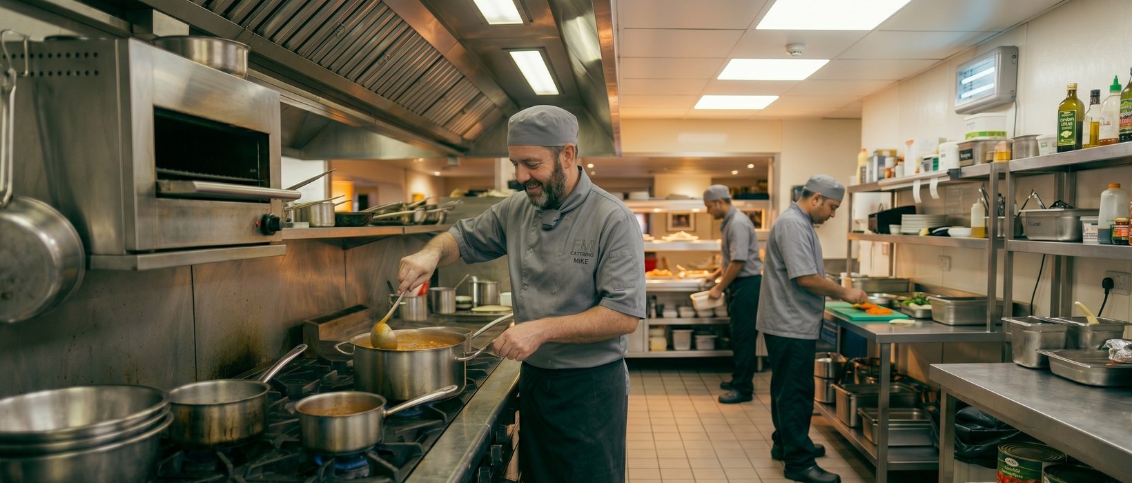 A facilities-management catering team preparing to a safety standard
