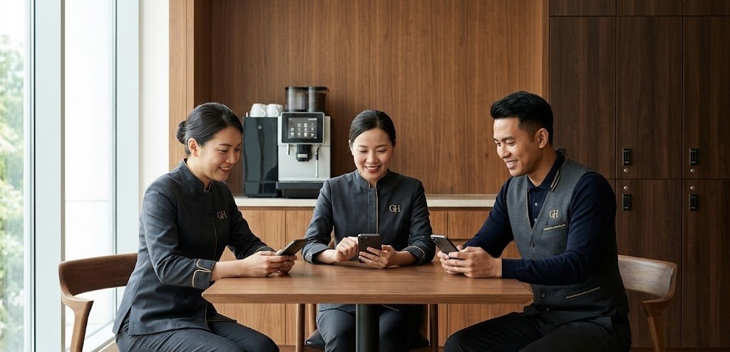Three hotel staff members in uniform sitting around a table in a staff break room, each looking at their phones