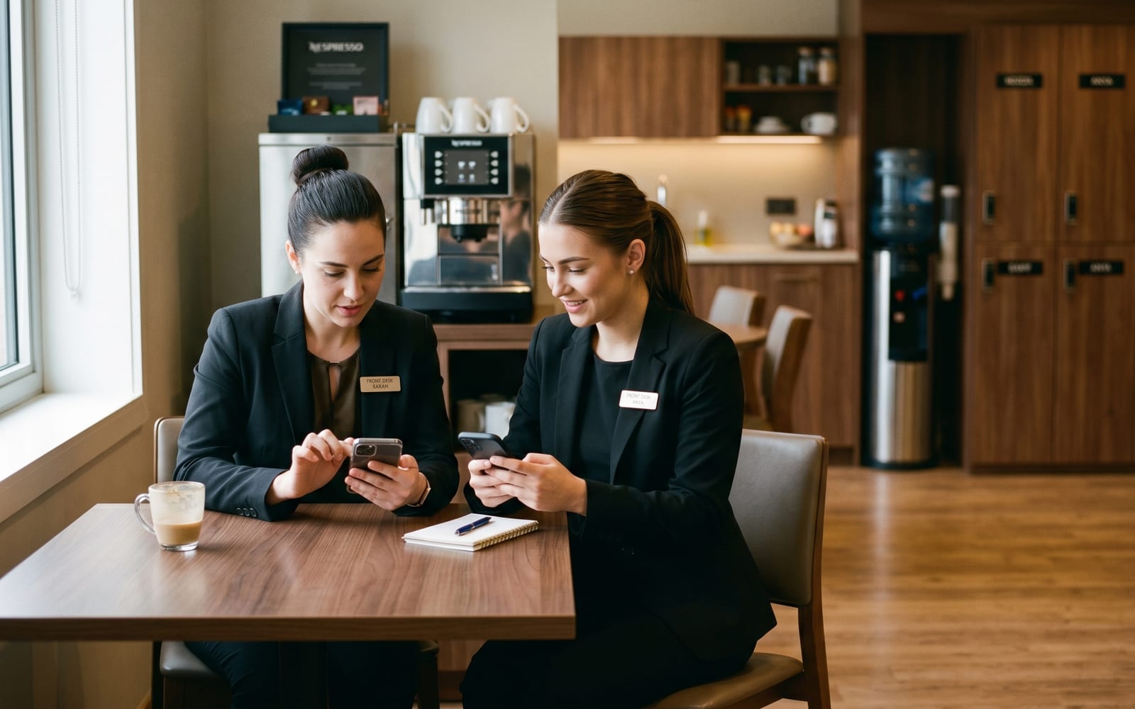 Two frontline hotel staff in a break room, smiling as they use the Atiom app on their phones