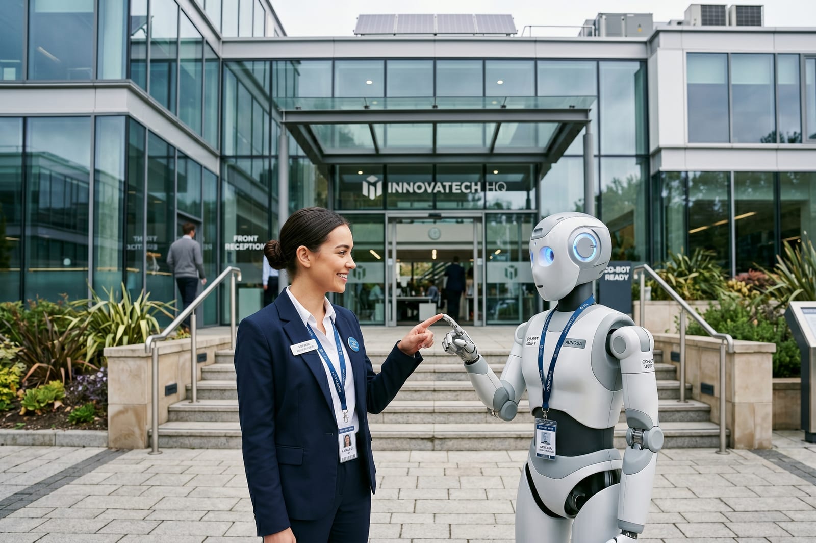 A hotel receptionist greeting a humanoid robot outside an office building