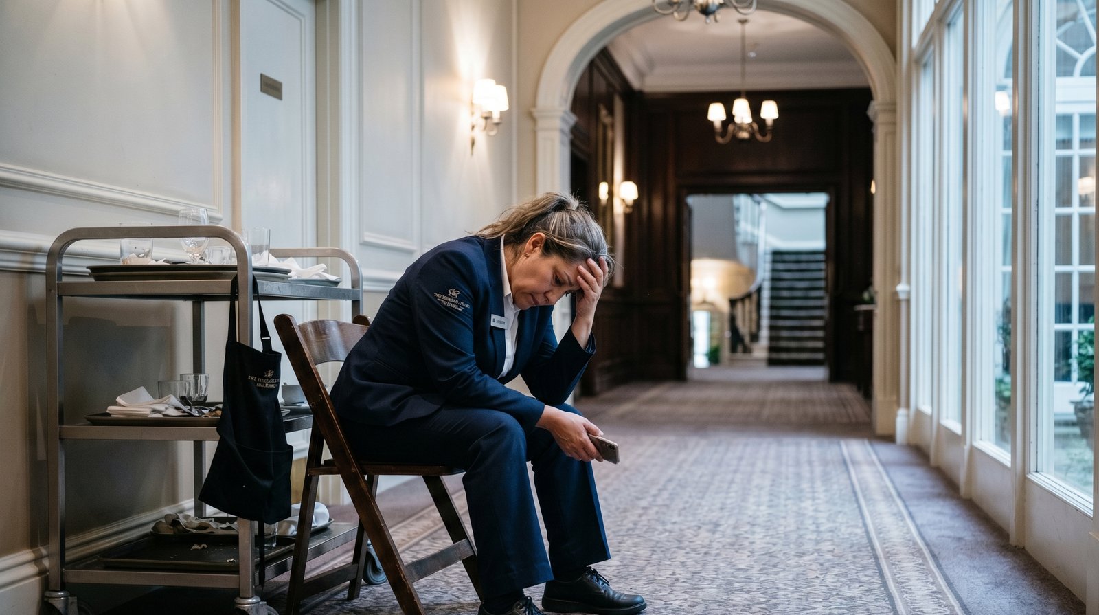 A hotel staff member sitting alone in a corridor, head in hand, looking visibly stressed and disengaged
