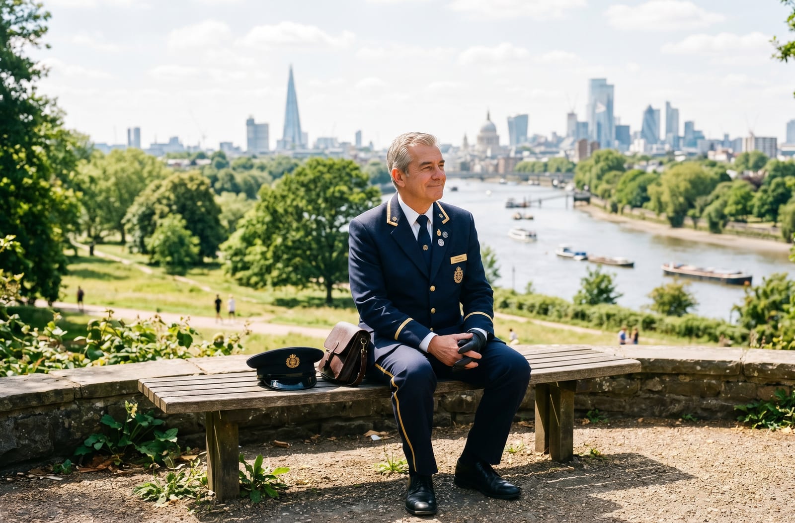 A uniformed hotel doorman sitting on a bench overlooking the London skyline